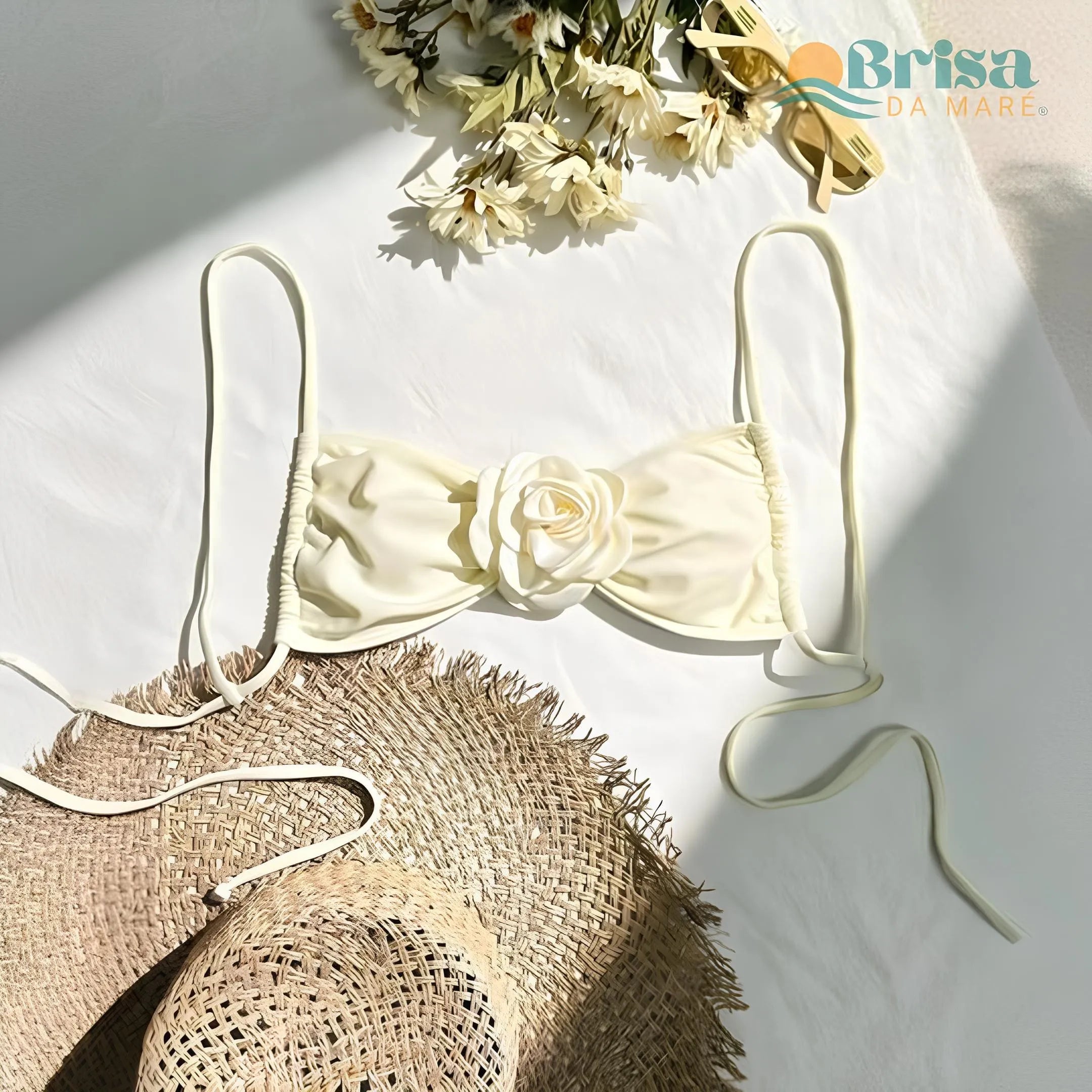 Top Biquíni Flor Aplicada Alças Finas